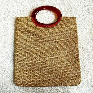 Vintage woven handbag purse with amber lucite handle